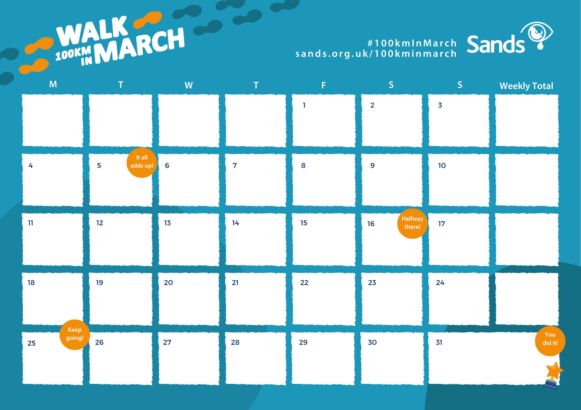 Walk 100km in March 2024 Tracker and FAQs Sands Saving babies
